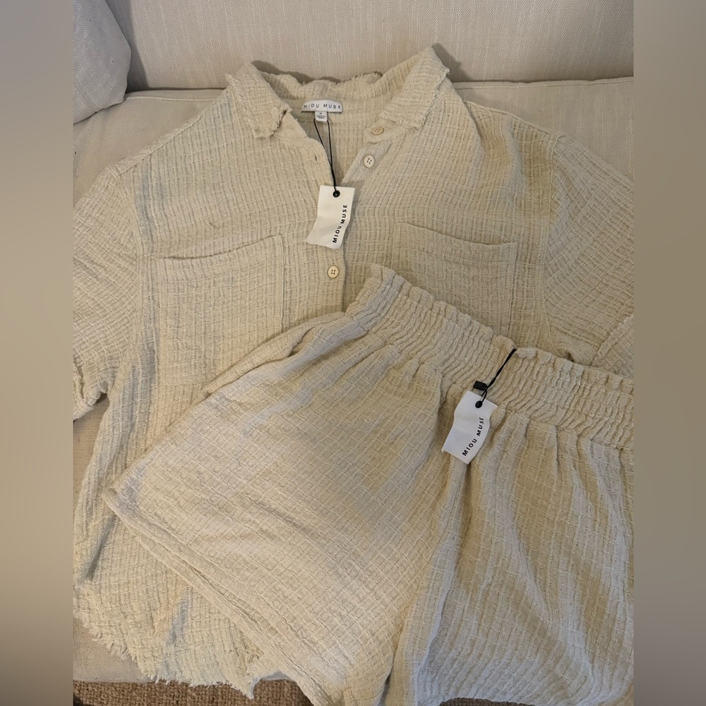 Adorable cream-colored waffle t-shirt and shorts set.